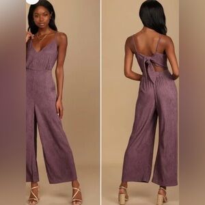 Lulu's Get the Groove Dusty Purple Crinkled Tie-Back Wide-Leg Jumpsuit L
